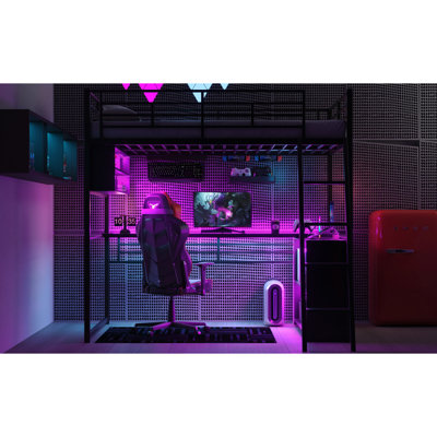 Lit mezzanine en métal noir avec unités de rangement à DEL, de bureau et fonctionnelles - bande pleine grandeur,