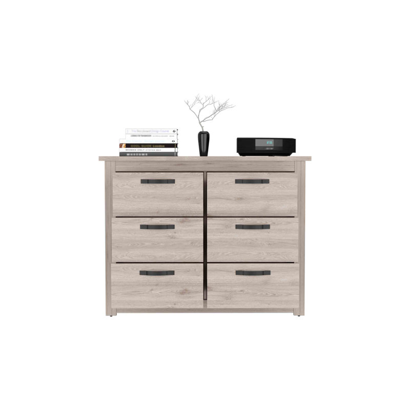 Commode double 6 tiroirs Becca, quatre pieds, quincaillerie en métal - gris clair