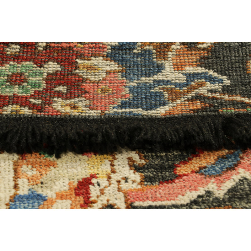 Rug & Kilim’S  Kerman Style Rug In Black With Colorful Floral Patterns, Runner 3' x 12'