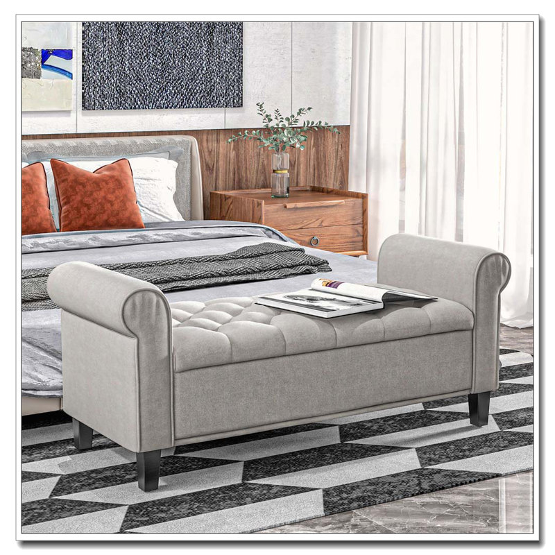 Banc de rangement capitonné à boutons avec accoudoirs roulés, Gris clair