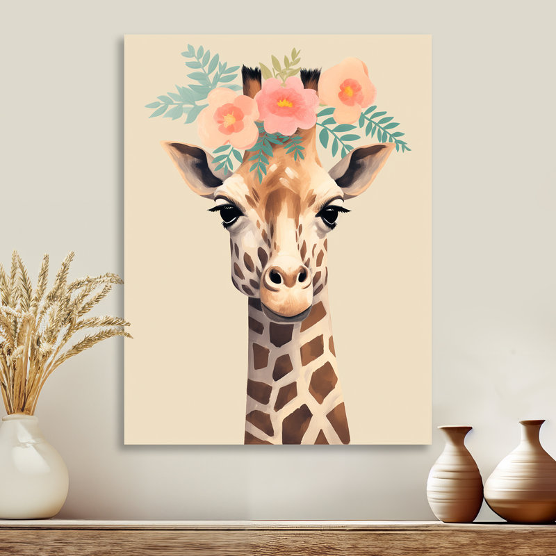 Girafe rétro avec couronne de fleurs roses - Art mural animal girafe, Sans cadre, métal, H 40 po x l 30 po
