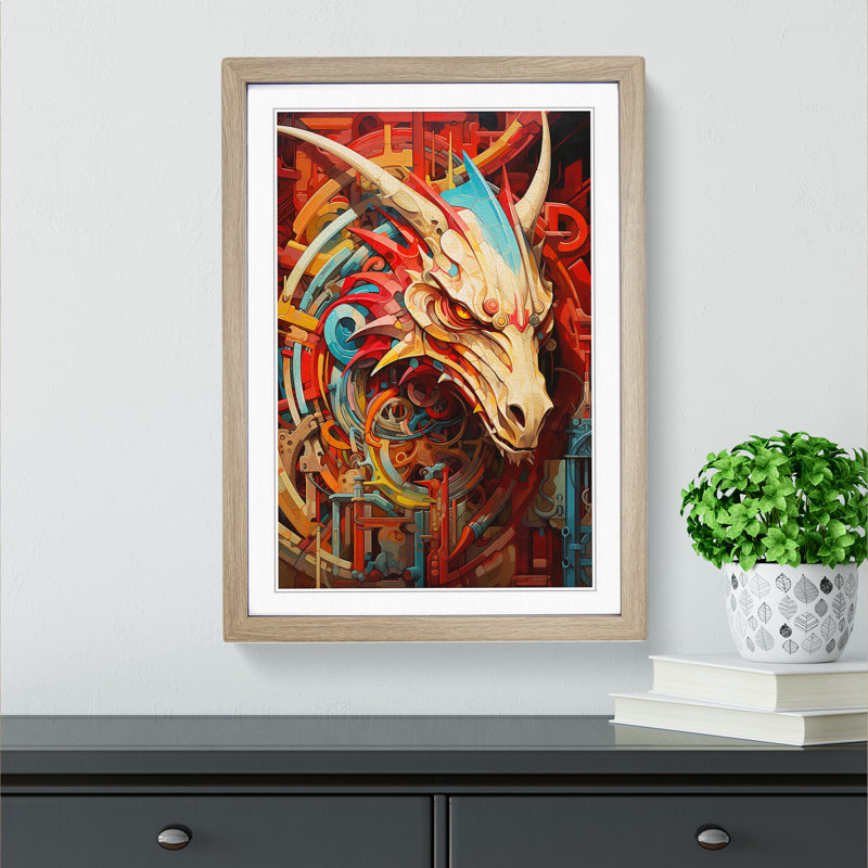 Dragon Constructivism - Single Picture Frame Print on Wood, Oak Framed, 34cm H x 25cm W