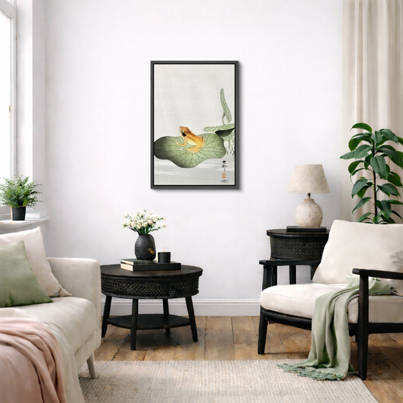 Illustration de grenouille japonaise sur feuille de lotus, images d'animaux minimalistes, impression sur toile encadrée