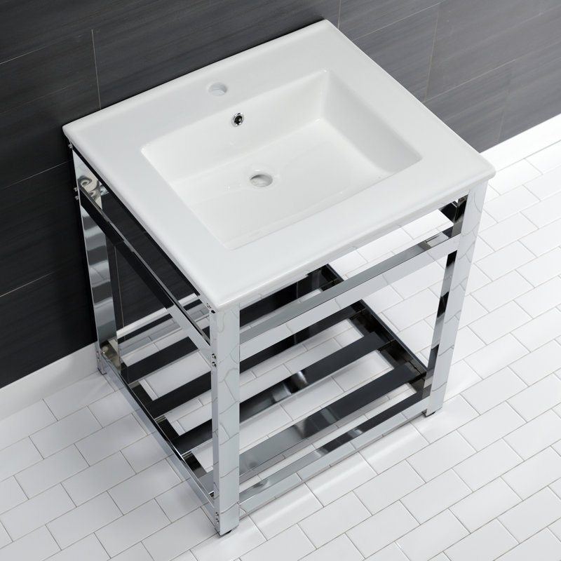 Kingston Brass Quadras 25-Inch Ceramic Console Sink with Stainless Steel Base and Shelf, White/Chrome, Single