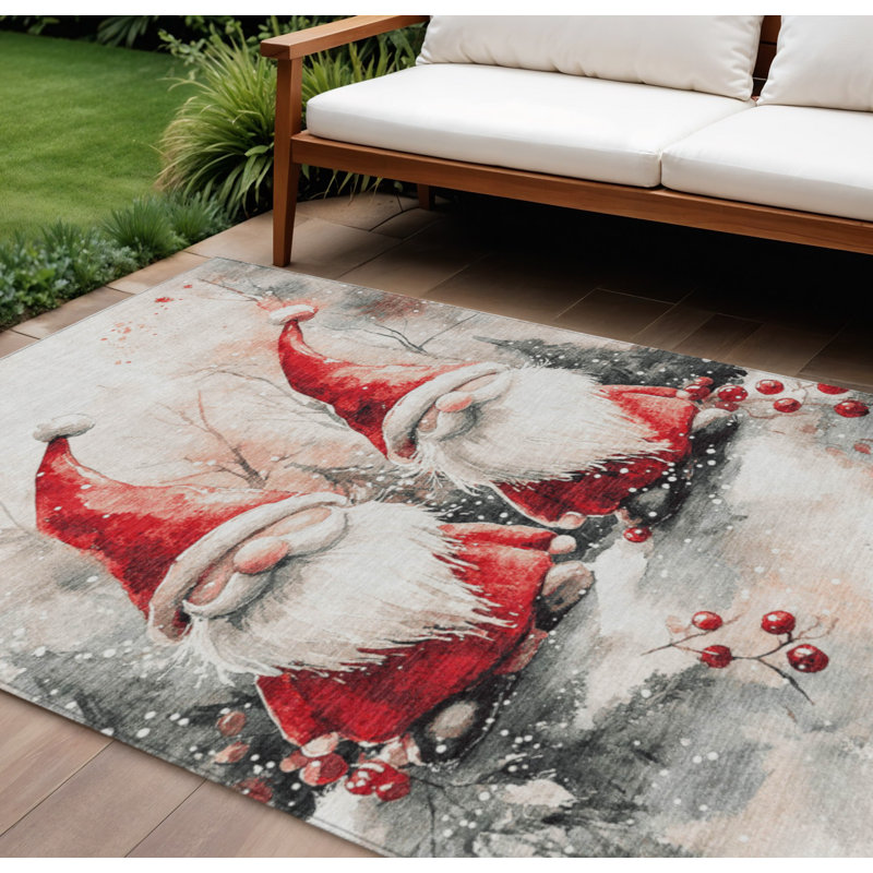 Tapis intérieur/extérieur lavable 10' x 14' ivoire, rouge et gris, motif gnome