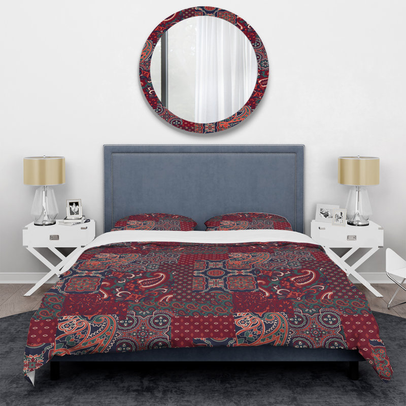 Ensemble de housse de couette rouge à patchwork abstrait, Housse de couette pour grand lit et 2 taies décor