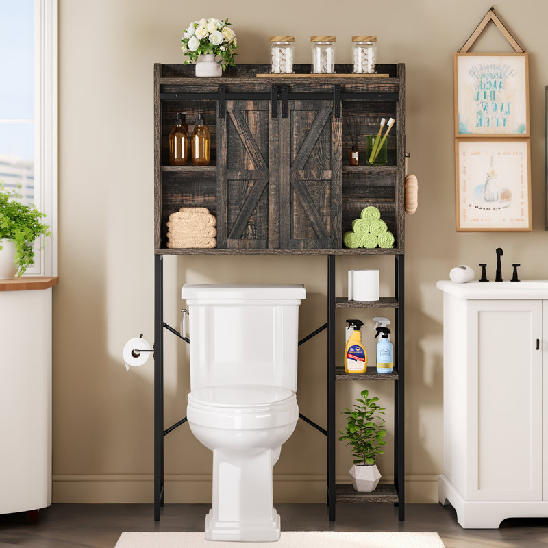 Armoire de rangement autoportante au-dessus de la toilette Brizeth avec support de rangement latéral, bobine de papier toilette et crochets