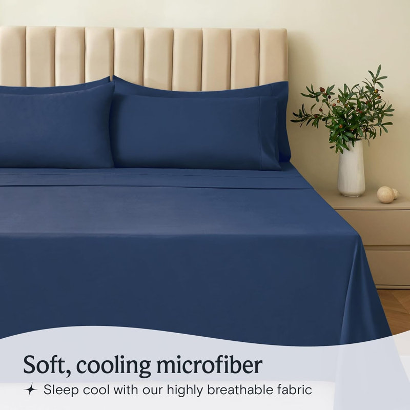 Luxclub 4 PC Aqua Silky Soft Cooling Deep Pocket Performance Sheet Set, King Sheet Set with 2 Pillowcases, Navy