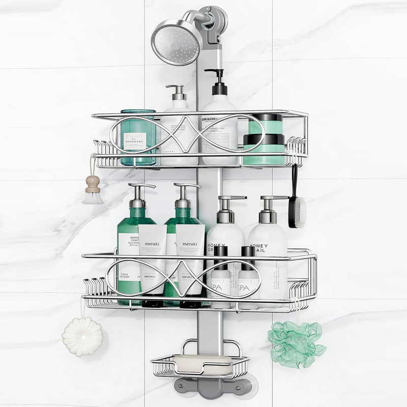 2 Tier Height Adjustable Shower Caddy, Anti - Swing, Rustproof, with Soap Box