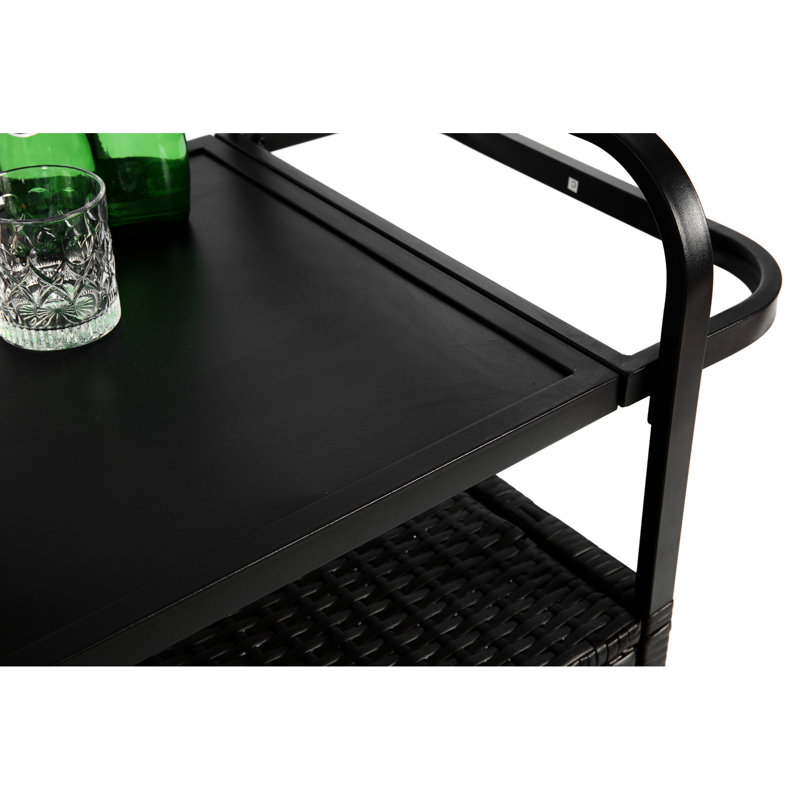 Chariot-bar à armoire noire, table d'extérieur avec plateau en acier, seau à glace, roues verrouillables, panier latéral pour la cour arrière - toutes saisons, installation simple et changement de vitesse pratique