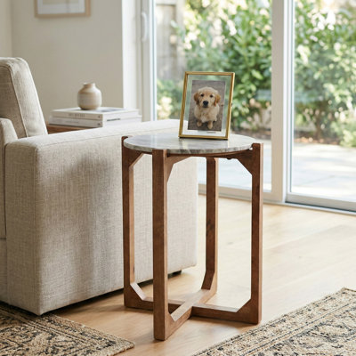Adonia Modern Marble Top Accent End Table With Wood Base For Living Room And Entryway - Modern Rustic Accent For Narrow Side & Small Spaces - Ivory & Grey