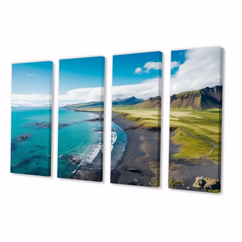 Plage, vue aérienne en Islande II - plage et océan, 4 pièces, art mural, H 32 po x l 64 po