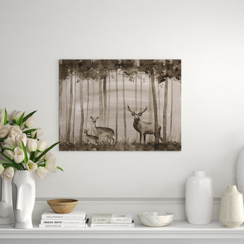 Deer Family In Trees Painting by Sara Brown, Outdoor, 24" H x 32" W