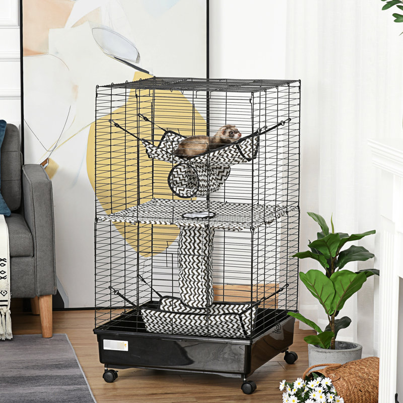 Cage à furet en métal de 42 po, noire - Livrée avec des roues, des freins et plusieurs plateformes pour les animaux de compagnie