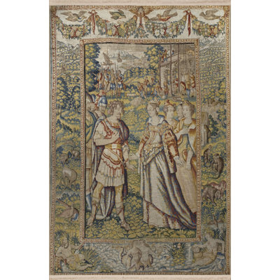 Multi-Colored Gobelin Design Knight and Princess Patterned Fringed Vintage Decorative Rug
