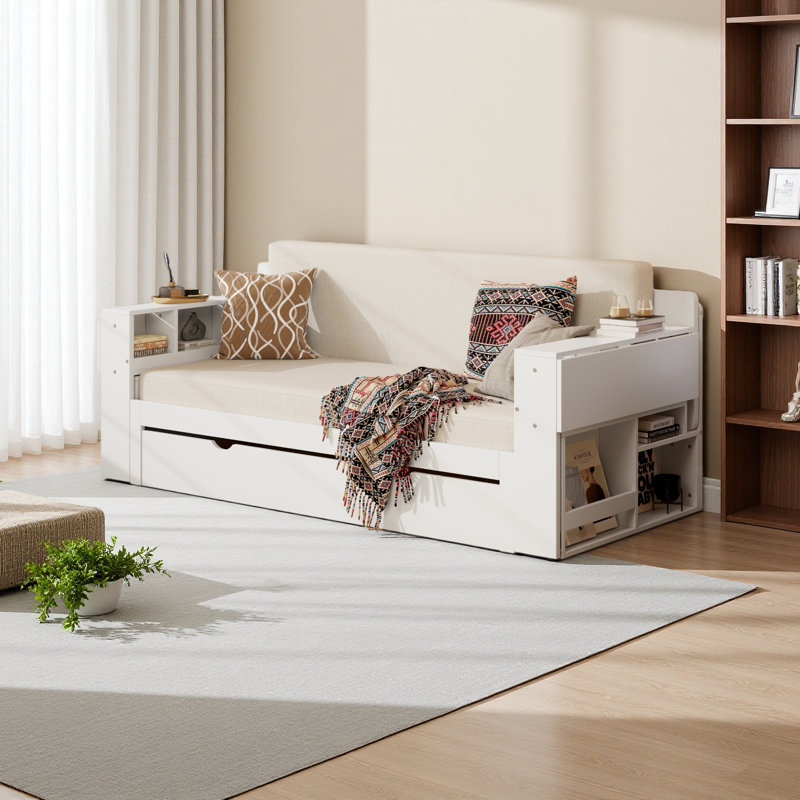 Lit de jour avec bureau amovible, tiroirs de rangement et table d'appoint hydraulique, Grand lit, Blanc