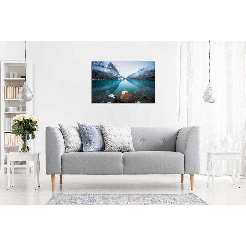 Foggy Lake Louise & Mountain Reflection On Water - Wrapped Canvas Print, 20cm H x 31cm W
