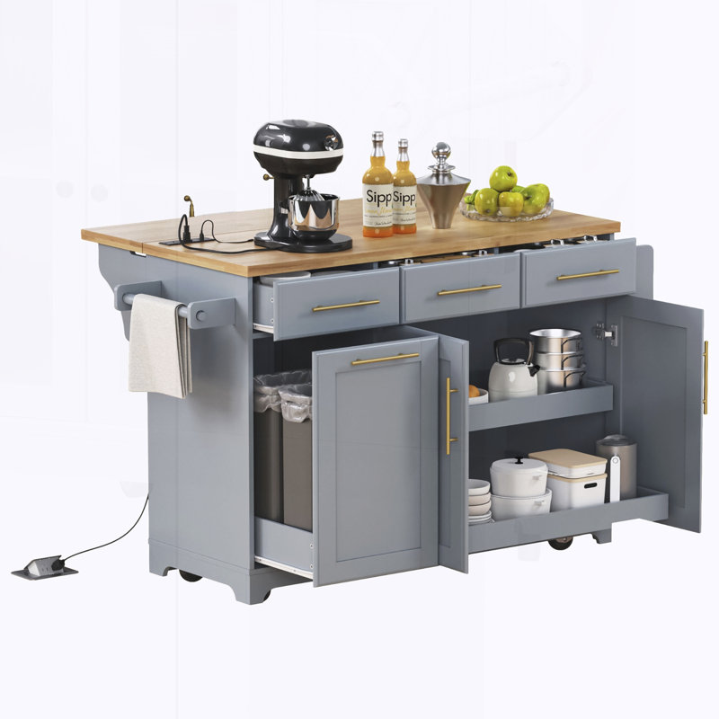 Îlot de cuisine avec 2 armoires coulissantes et rallonge en bois d'hévéa, Grey+Blue