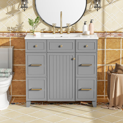Meuble-lavabo traditionnel de 36 pouces avec lavabo en céramique, solution de rangement durable et peu encombrante