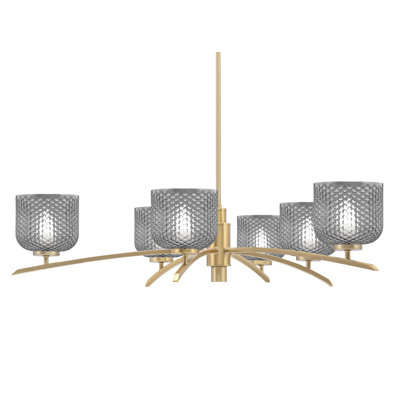 Kurve 6 Light Chandelier Shown In New Age Brass Finish With 6" Textured Glass