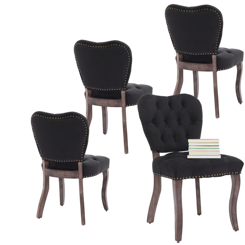 Ensemble de 4 chaises de salle à manger rembourrées en velours French, Noir, noir, noir, noir