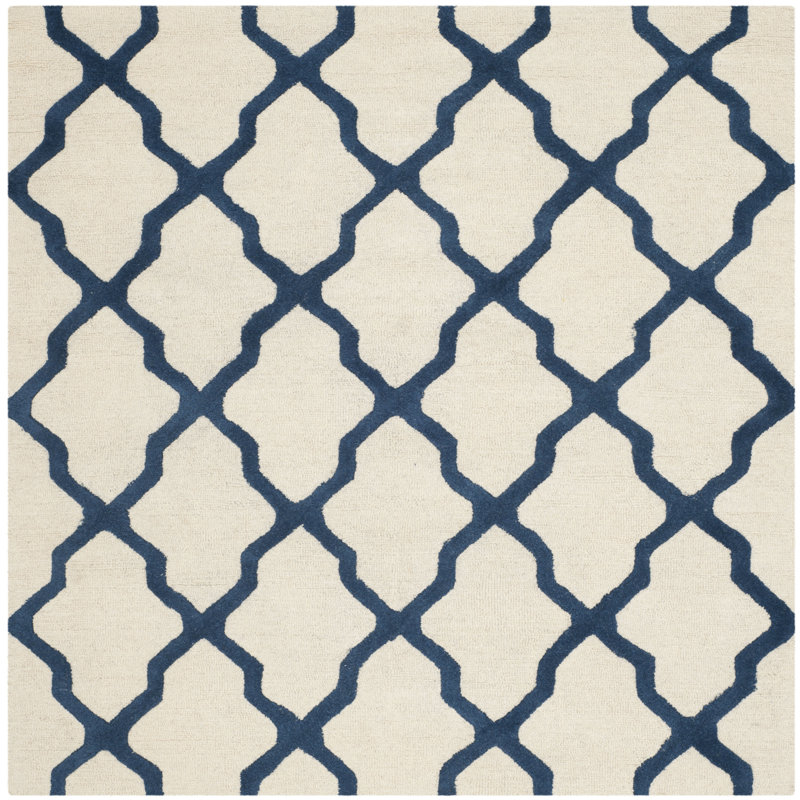 Cannen Hand Tufted Wool Geometric Rug, Square 6', Ivory/Navy Blue