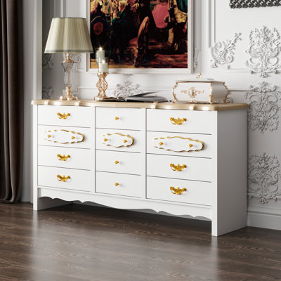 White And Gold 63" Soild Wood Top 12-Drawer Dresser With Elegant Brass Handles