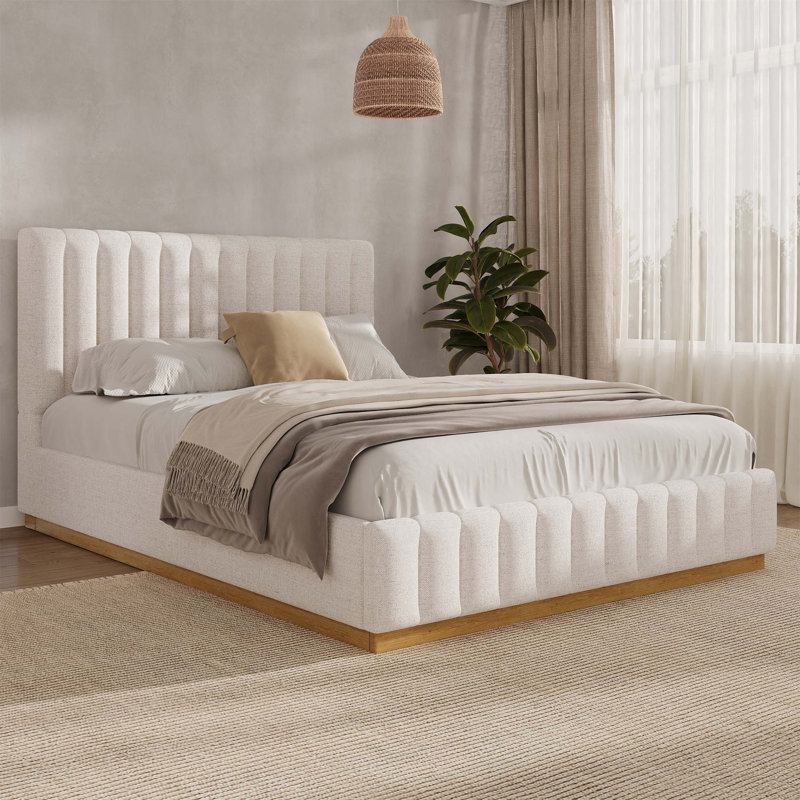 Structure de grand lit avec tête de lit tapissier épaisse en lin, base en bois massif et finition beige élégante, Grand