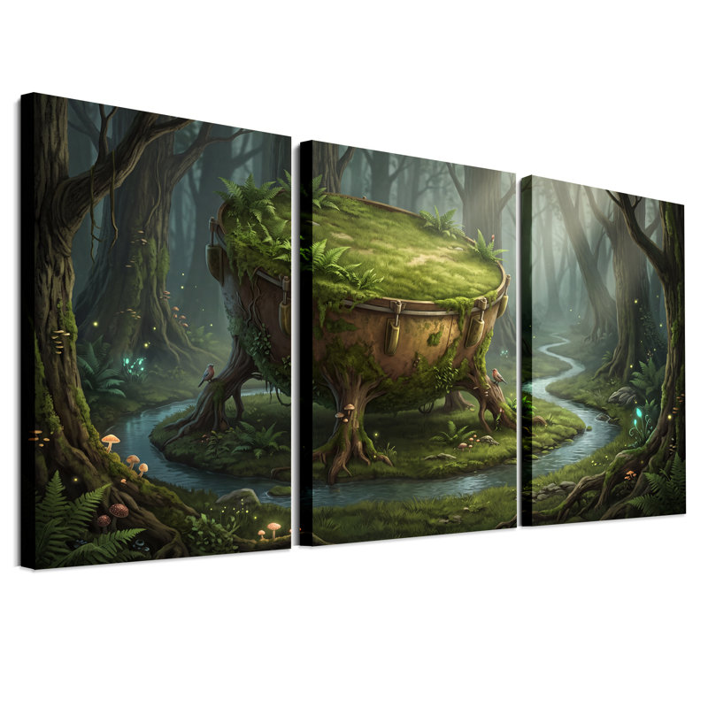 «Giant Mossy Bowl House in Misty Green Forest», ensemble de 3 toiles murales, 24"H x 16"W x 3pcs