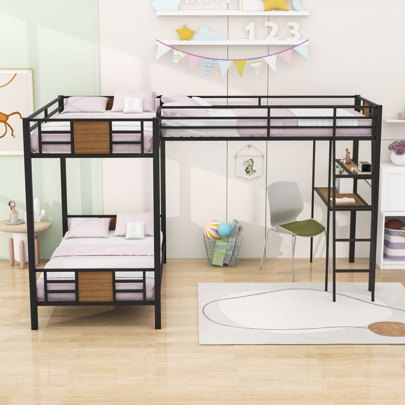 Lit superposé simple au-dessus de simple et simple avec lit mezzanine, bureau et tablettes