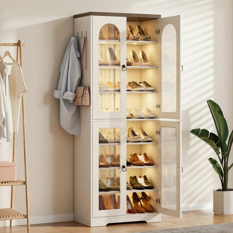 67.5'' Tall Shoe Cabinet With 4 Doors, 8-Tier Shoe Storage Cabinet With Adjustable Shelves, White/Brown