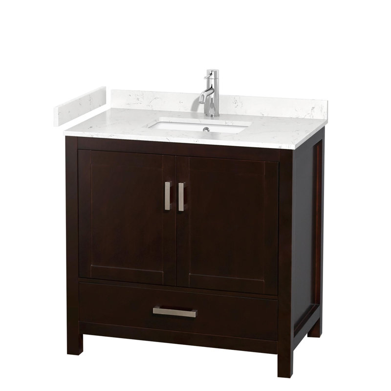 Meuble-lavabo simple avec plateau en marbre Sheffield, Marbre de culture de Carrare, Espresso, 36"