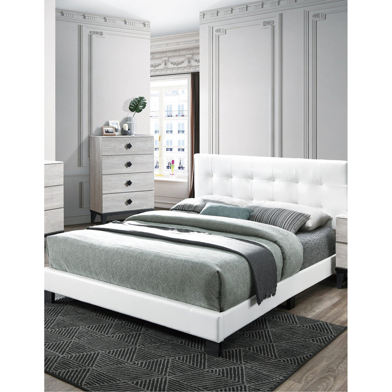 Lit double contemporain en similicuir blanc, tête de lit rectangulaire, support central, lit en cuir sans base avec style, installation facile