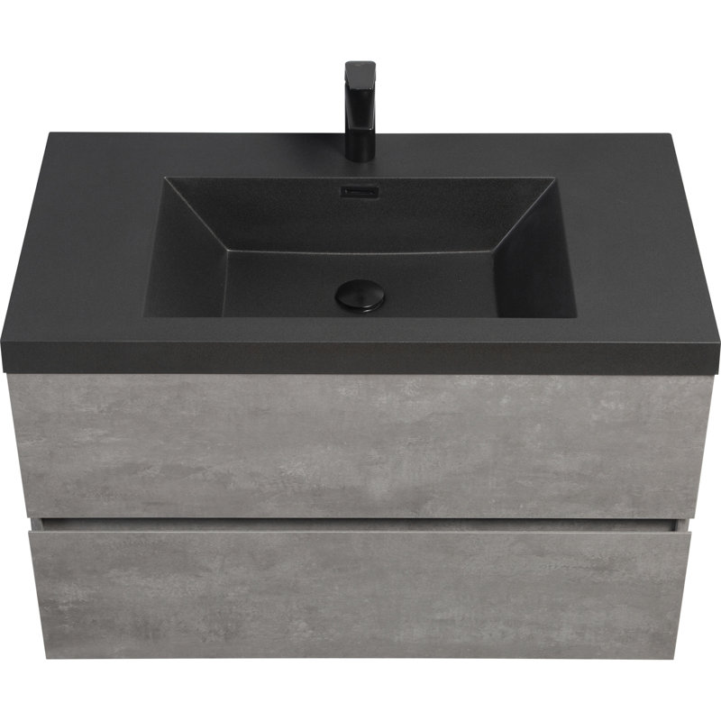 Meuble-lavabo flottant 36 po avec lavabo, meuble-lavabo mural avec lavabo à quartz noir et tiroirs