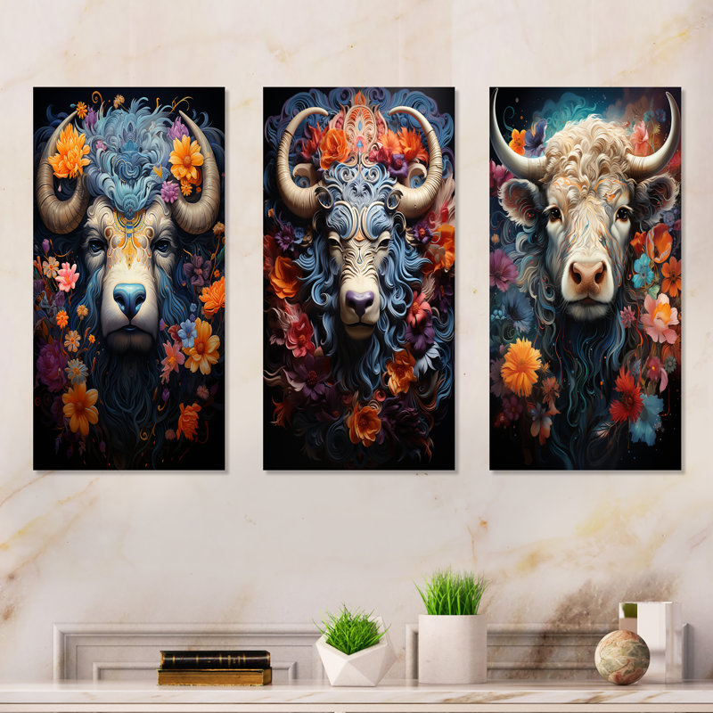 Ensemble de 3 décorations murales Yaks Cosmic Highlanders - Yaks, H 28 po x l 36 po, Toile tendue