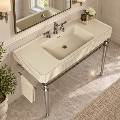 Lavabo de console de salle de bain cannelé avec cuve intégrée à surface solide, pieds en métal rétro et barre à serviettes
