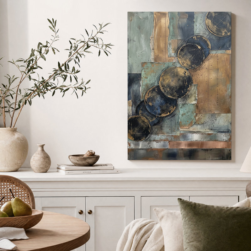 Tableau sur toile représentant des cercles abstraits et des règles en cuivre, H 48 po x l 36 po