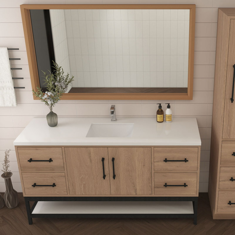 Victoria 60'' Wall-Mounted Vanity with Single Reinforced Acrylic Sink & Rack, Red Oak