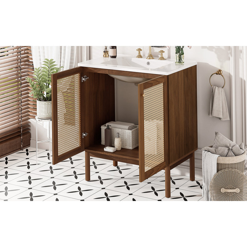 Meuble-lavabo de salle de bain avec portes en bambou tissé à la main, conception à fermeture en douceur
