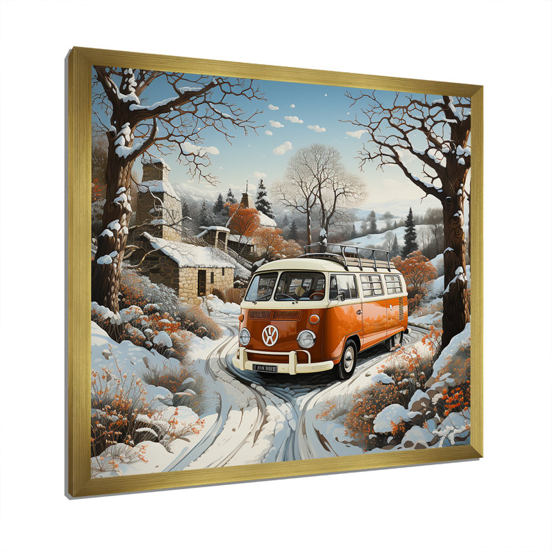 «Hippie Van Charm In Winter», reproduction sur toile, Cadre doré simple, H 24 po x l 24 po x P 1 po