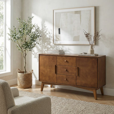 Buffet Mid-Century moderne avec deux portes et trois tiroirs, console de rangement pour la cuisine, le salon et l'entrée, finition noyer