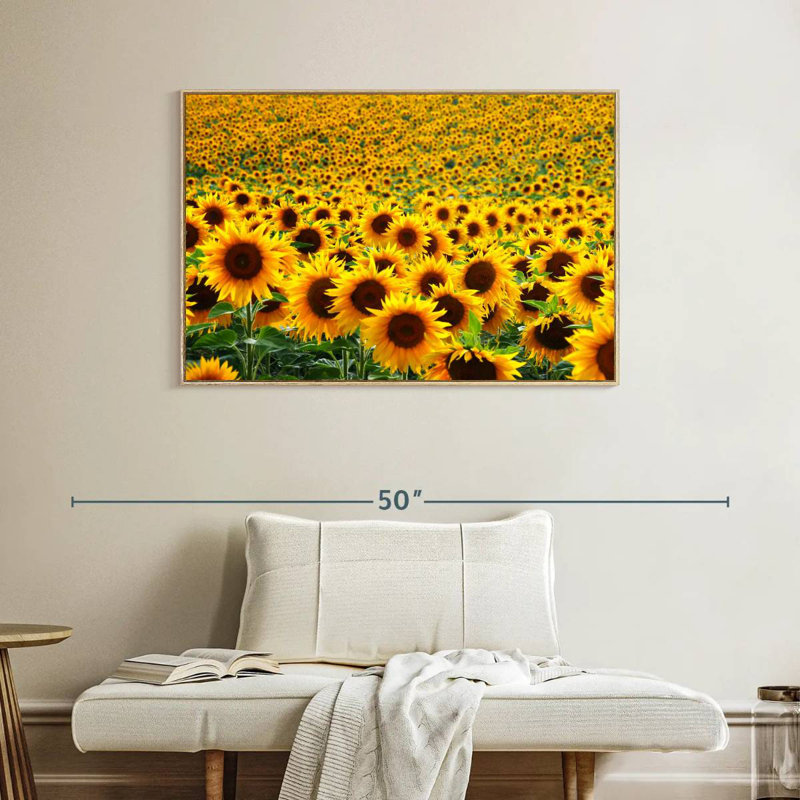 Champ de tournesols sans fin, Cadre flottant en bois naturel, 40 po x 27 po