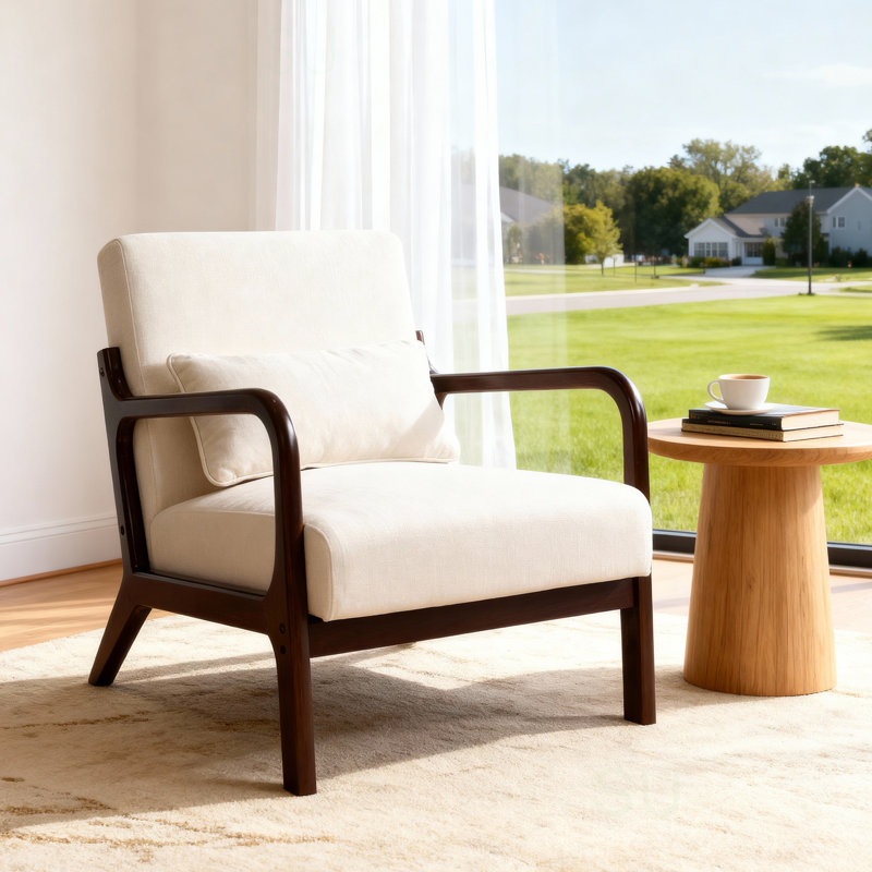 Modern Armchair, Accent Chair with Solid Wood Frame, Beige, Dark Brown