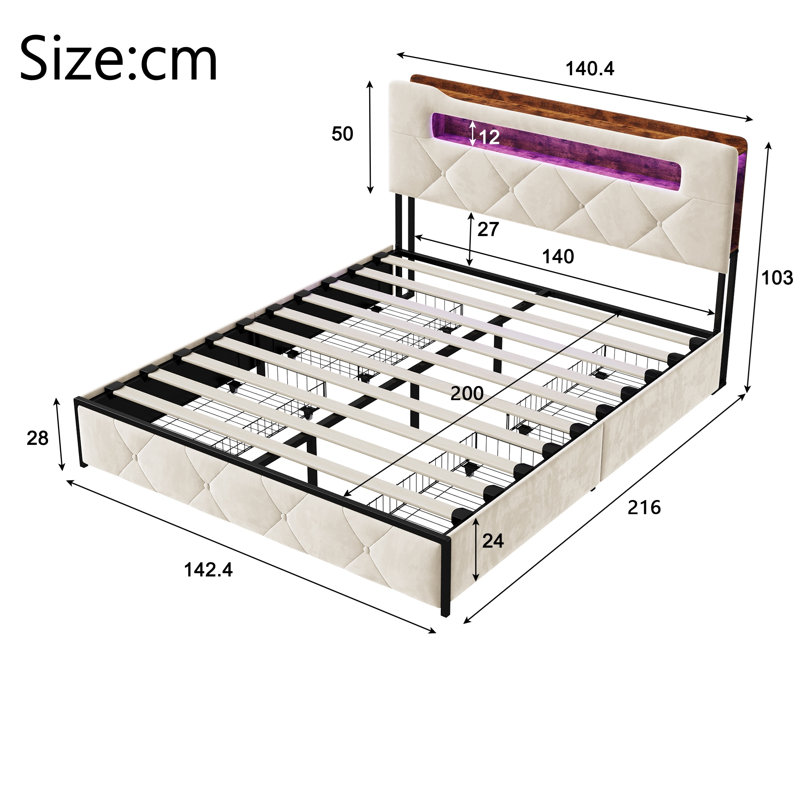 Solid Wood and Iron Drawers Bed Frame, European Double (140 x 200 cm), Beige