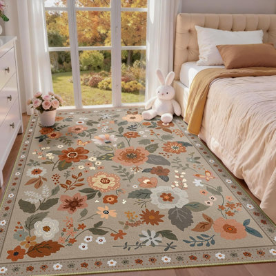 Motif floral 5 x 7 tapis lavable imprimé boho tapis mignon antidérapant fleur bas pour salon chambre cuisine bureau ferme-brun / brique