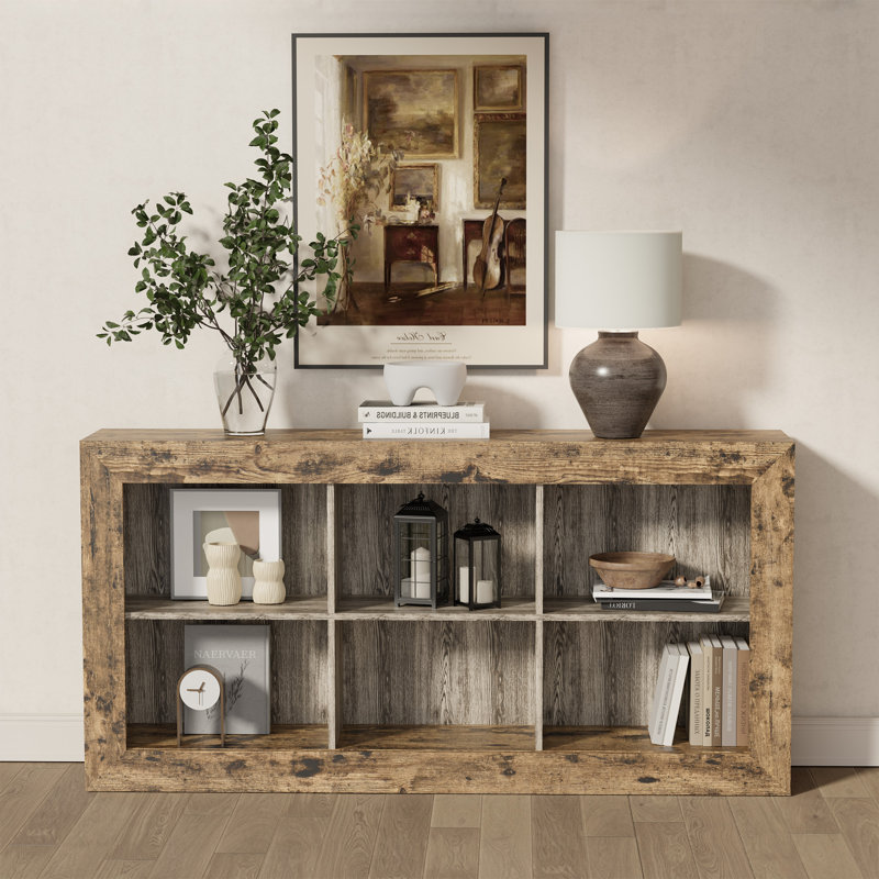63" Rustic Farmhouse Console Table with 6 Open Cubbies