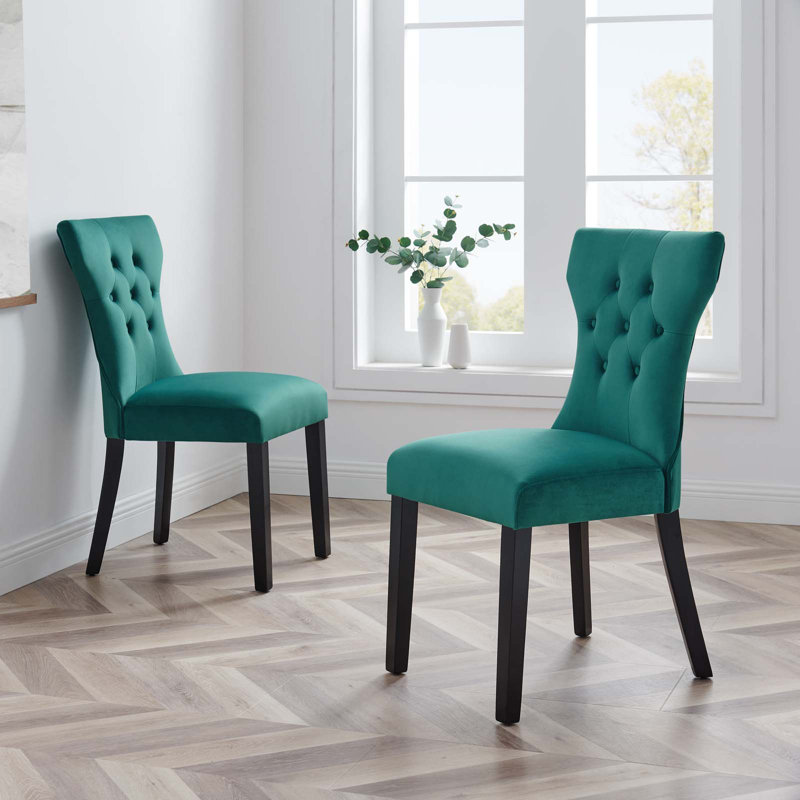 Teal Velvet Upholstered Dining Chairs with Wood Legs, Set of 2