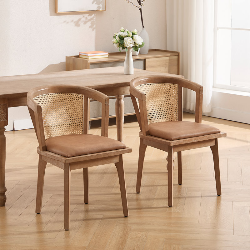 Chaise rustique avec dossier en osier et siège large pour salle à manger et salon, Similicuir brun, Brun