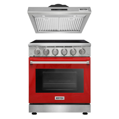 KOSTCH 30 inch Electric Range with 5 Heating Elements Cooktop, 4.55 Cu. Ft. Convection Oven Capacity & 30 inch Wall-Mounted Range Hoods with 1000 CFM & LED lights, in Stainless Steel(Red)
