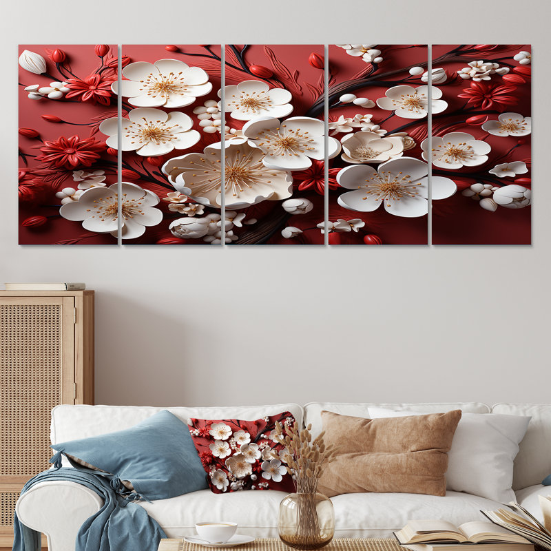 Orchidées blanches et rouges III - art floral abstrait 5 pièces, H 32 po x l 80 po